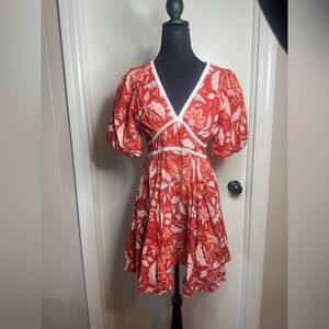 Stark X Bohemian Red Botanical Floral V Neck Puff Sleeves Lace Trim Women Dress